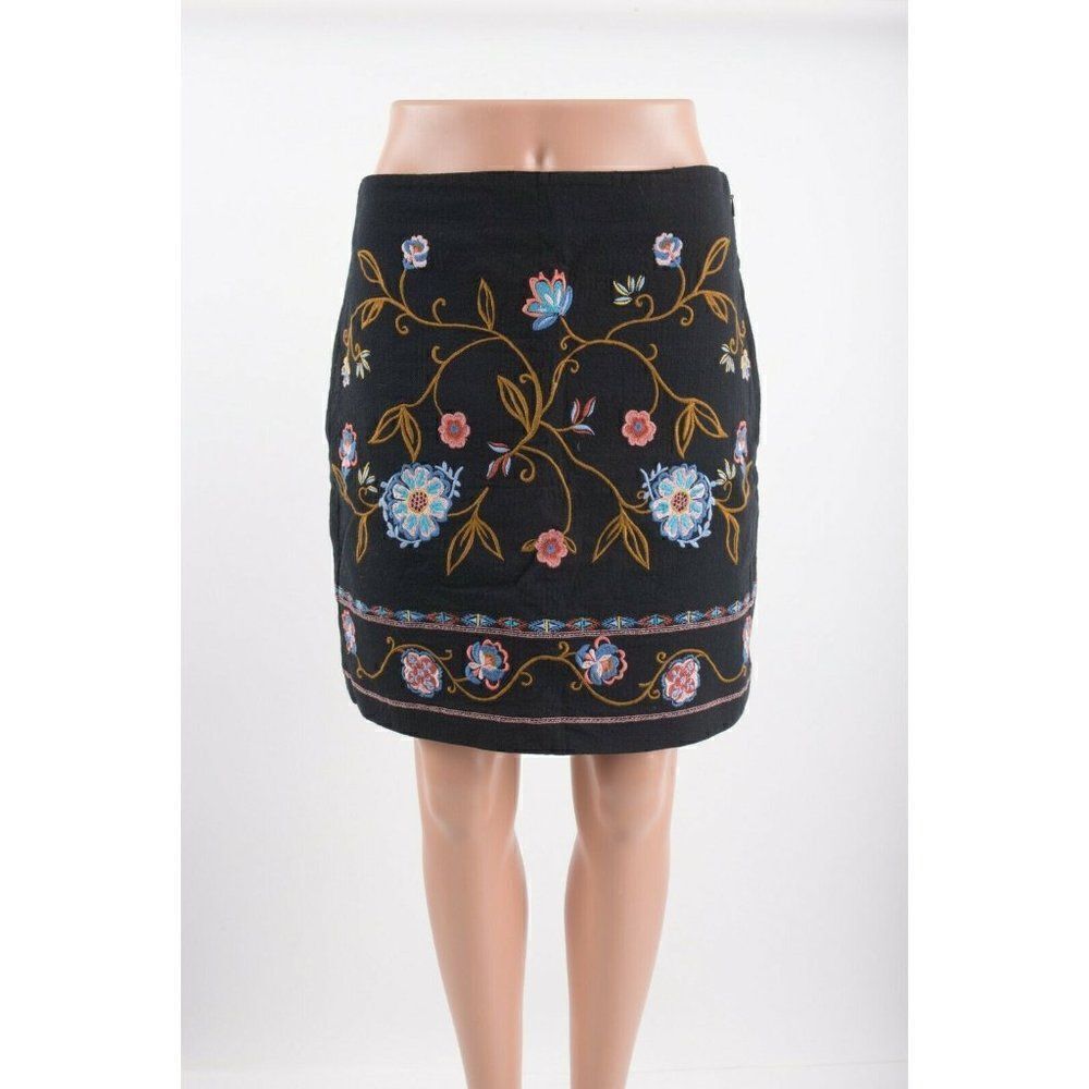 LOFT Womens Floral Embroidered Skirt Sz 2 MultiColor Black A-Line Short
